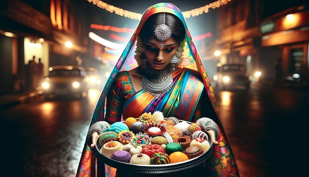 A Tamil woman in traditional Saree holding a silver plate full of various sweets in against a night