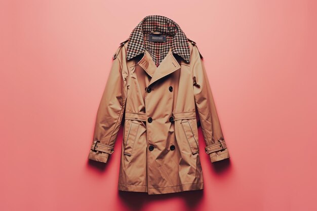 Tan DoubleBreasted Trench Coat With Plaid Collar on Pink Background