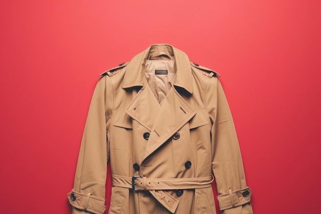 Tan Trench Coat Hanging Against Red Background