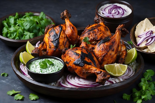 Tandoori Chicken Is A Chicken Dish With Onion And Green Chutney