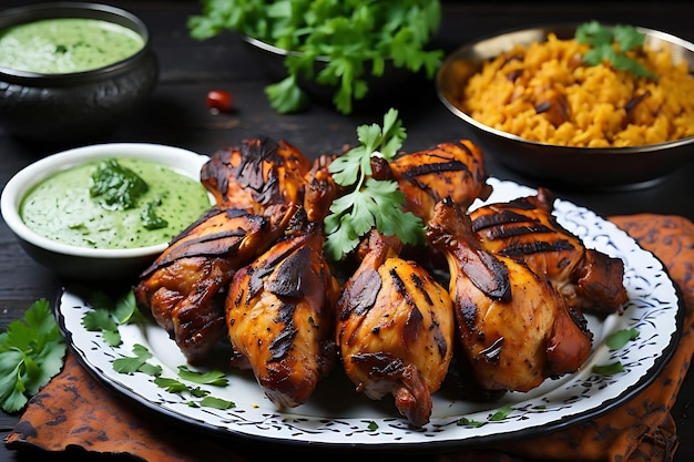 Tandoori Chicken Is A Chicken Dish With Onion And Green Chutney