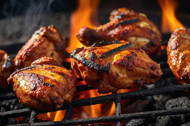 Tandoori chicken pieces grilling over charcoal