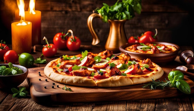 Tandoori chicken pizza on wooden