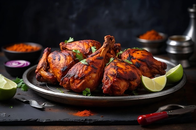 Tandoori chicken on a rustic metal plate realistic and