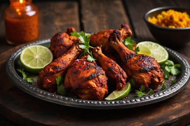 Tandoori chicken served on a rustic platter with garni