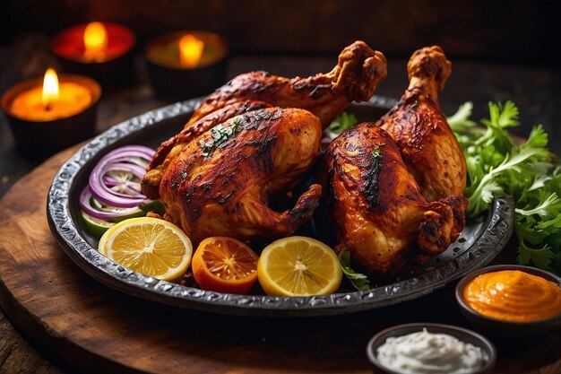 Tandoori chicken served on a rustic platter with garni