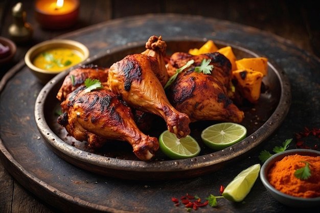 Tandoori chicken served on a rustic platter with garni