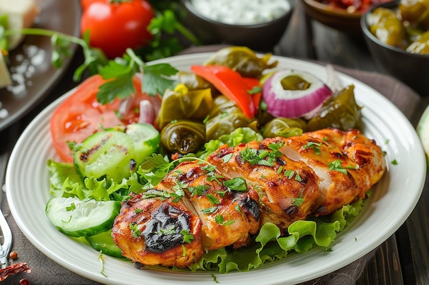 Tandoori chicken served with a side of Turkish style stuffed vine leaves