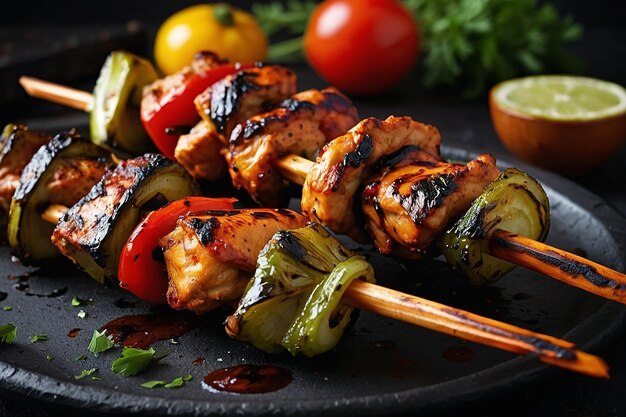 Tandoori chicken skewers with charred vegetables