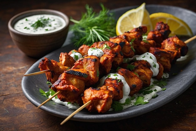 Tandoori chicken skewers with a side of dill yogurt sa