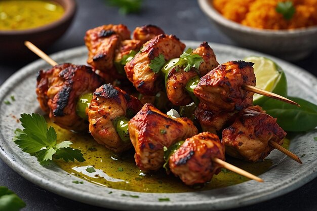 Tandoori chicken skewers with a side of herbinfused oi