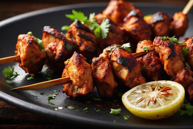 Tandoori chicken skewers with a side of roasted garlic