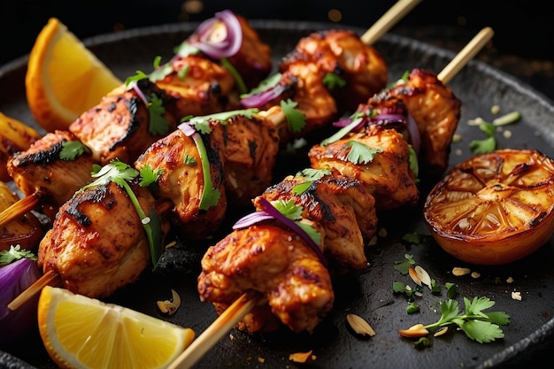 Tandoori chicken skewers with a side of roasted garlic