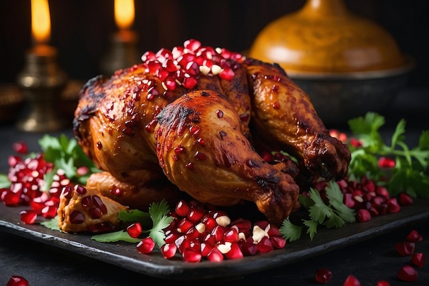 Tandoori chicken with a garnish of fresh pomegranate s