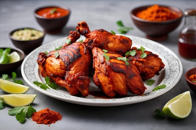 Tandoori chicken with a rich red marinade realistic an