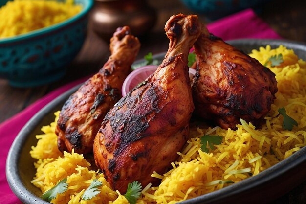 Tandoori chicken with saffron rice and pickled onions