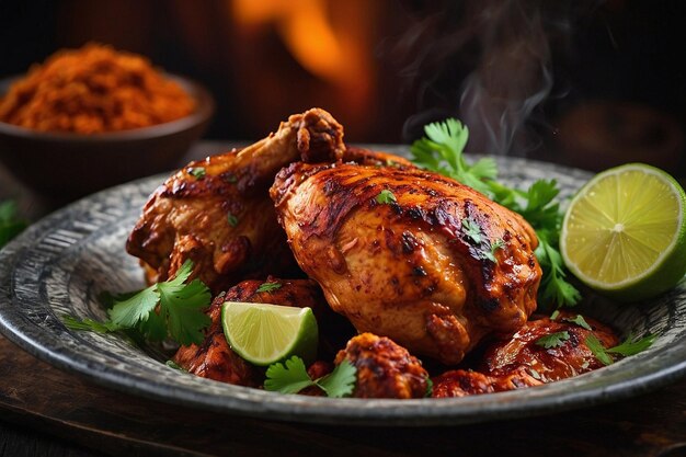 Tandoori chicken with a side of fresh coriander and li