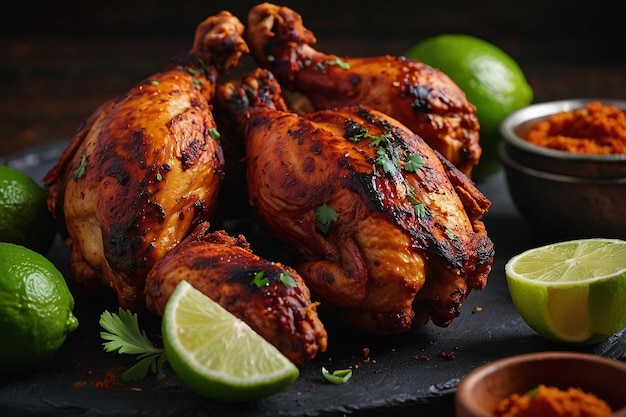 Tandoori chicken with a side of fresh lime slices