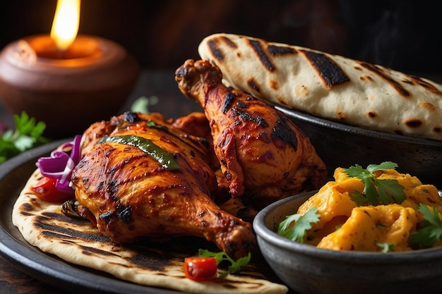 Tandoori chicken with a side of grilled flatbread