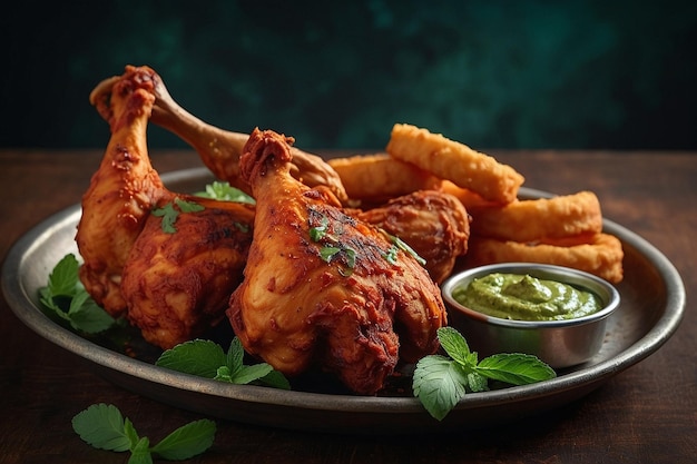 Tandoori chicken with a side of mint chutney and onion