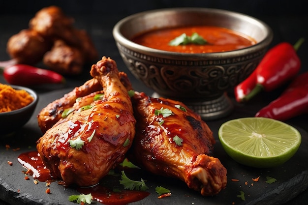 Tandoori chicken with a side of spicy chili sauce