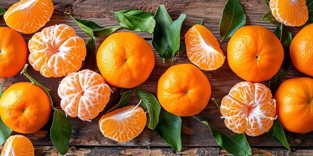 Tangerine mandarines clementine orange fruits with green leaves on wooden table Fresh tangerines