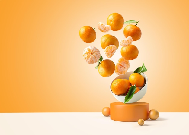 Tangerines falling into a bowl on a podium with copy space