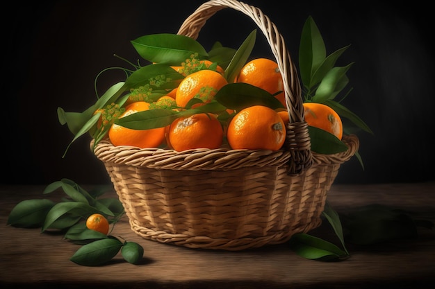 Tangerines or fresh mandarin oranges in a basket on a wooden table with leaves