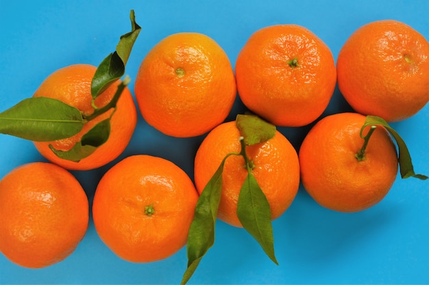 Tangerines fruits fresh citrus fruits on a bright blue backgroundorganic farm tangerines