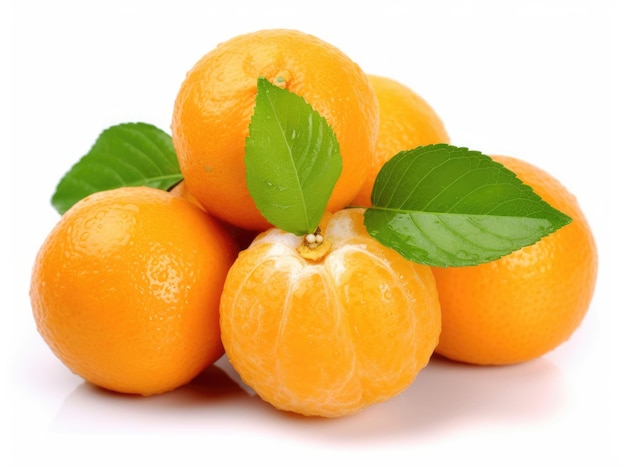 Tangerines with green leaves isolated on white background