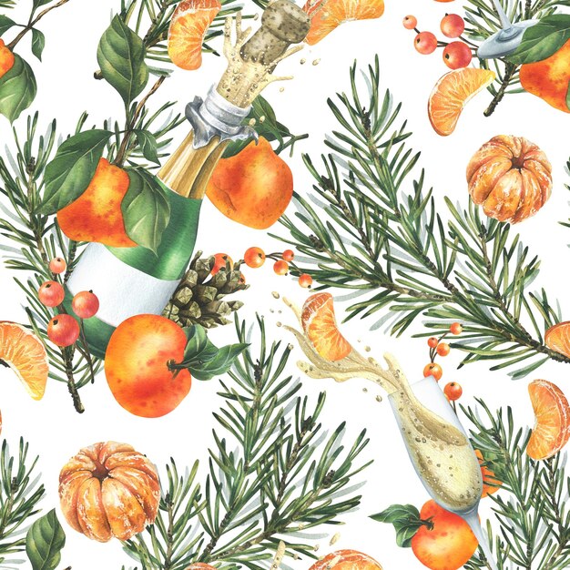 Tangerines with pine branches and cones champagne in bottles and glasses Hand drawn watercolor illustration for christmas fabric textile wrapping paper Seamless pattern on a white background