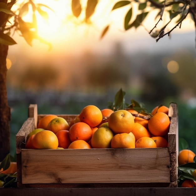 Tangerines in a wooden box on a wooden table against the background of the sun