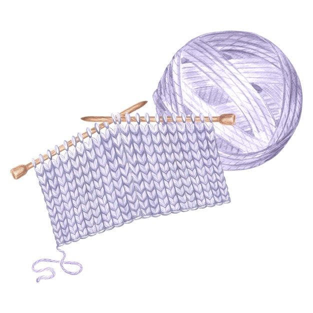 Tangle of thread and nitted fabric sample purple on a knitting needles watercolor template