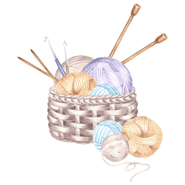 Tangles of threads in basket wooden knitting needles and crochet hooks watercolor template