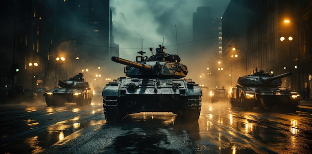 Tank battle on the streets of the ruined city