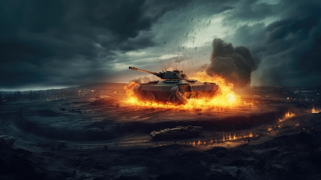 A tank burns in a battlefield with the words tank on it.