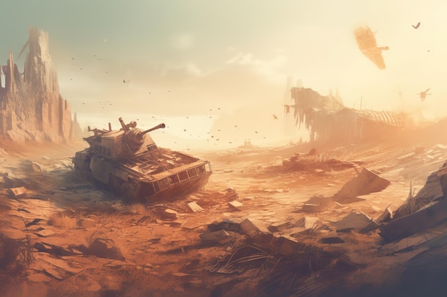 A tank in the desert with a sunset in the background