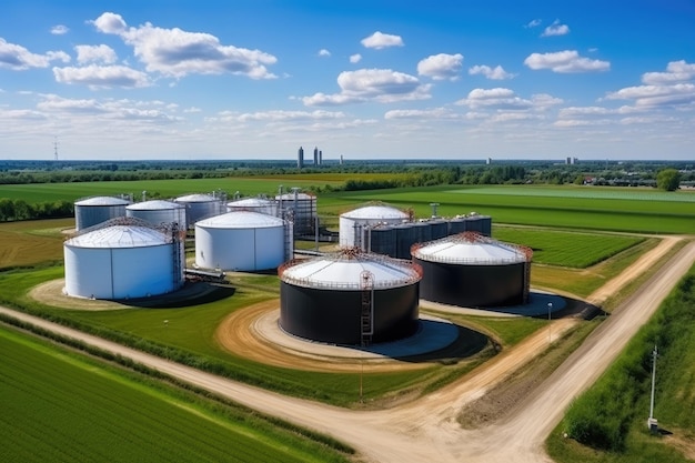 Tank farm with rows of oil storage tanks