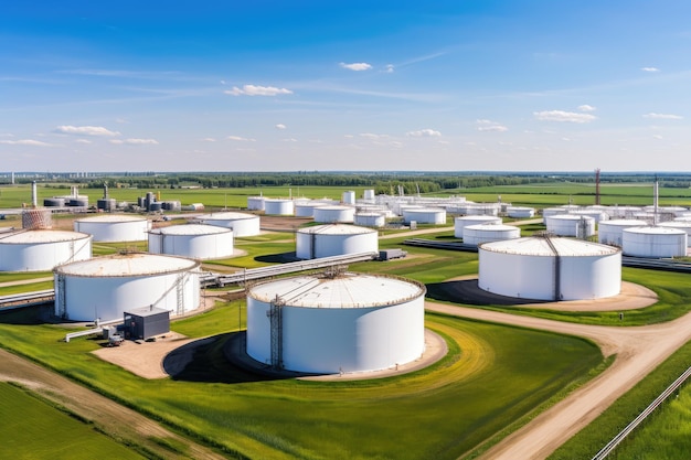 Tank farm with rows of oil storage tanks