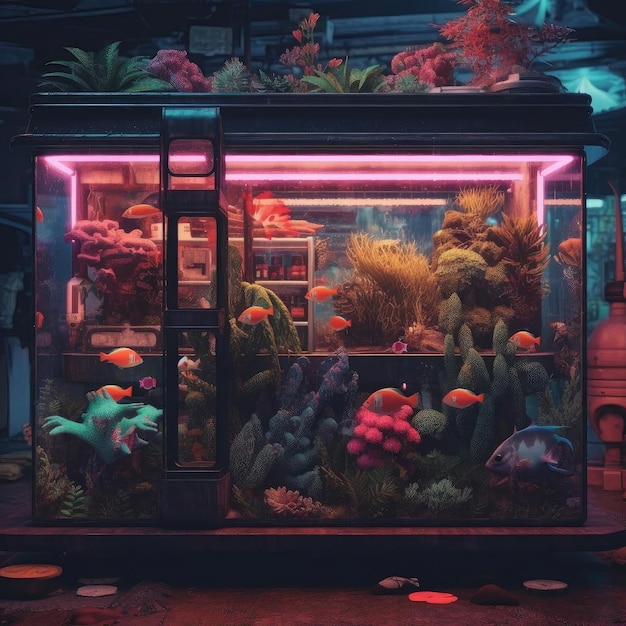 A tank filled with exotic saltwater fish corals and plants at a pet shop