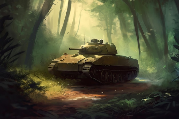 A tank in the forest with the words tank on the front.