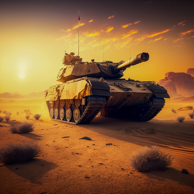 A tank going into battle at sunset