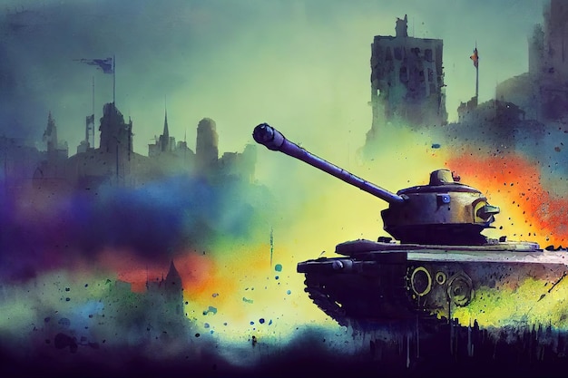 The tank is in battle firing at the enemy World war Huge tank digital art style illustration painting