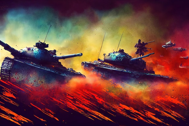 The tank is in battle firing at the enemy World war Huge tank digital art style illustration painting