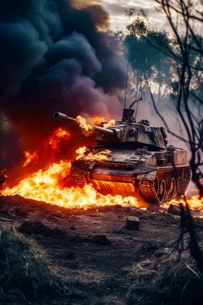 Tank is on fire in the middle of field with trees in the background Generative AI