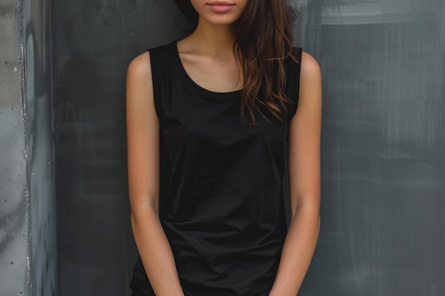 Photo tank tshirt attractive young woman in black sleeveless shirt on plain background