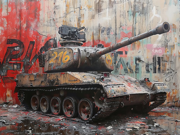 a tank with the number 37 on it is sitting in front of a graffiti wall