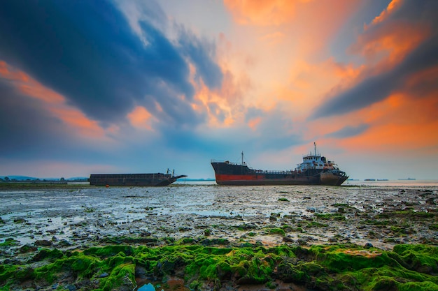 Tanker ship in  sunset