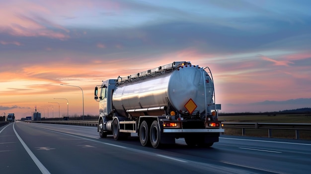 Photo tanker truck on highway at sunset