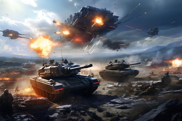 Tanks engage in a fierce battle while drones hover above providing tactical support and